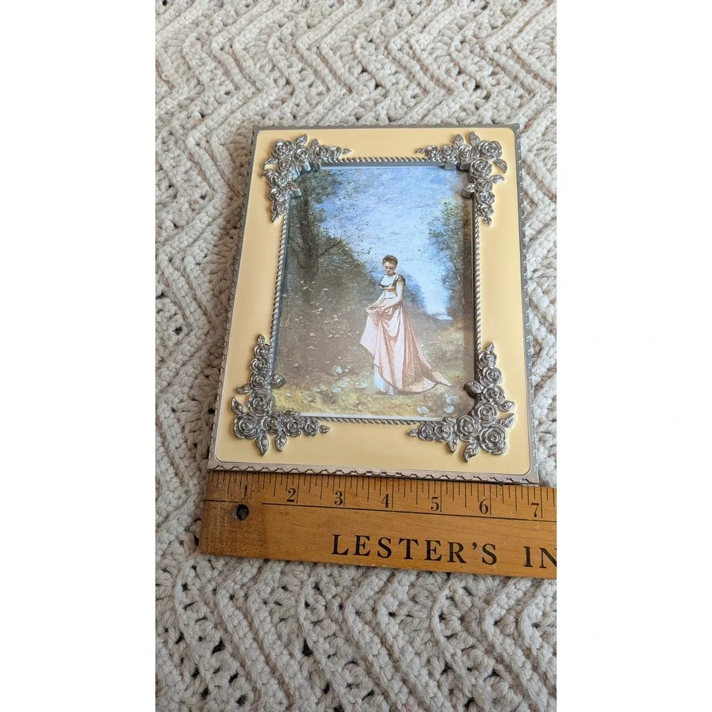 Vintage Enamel Rose Picture Frame 5x7 Silver Tone Floral Cream Yellow Scalloped